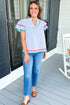 Stripe Ricrac Trim Split Neck Striped Ruffled Sleeve Blouse